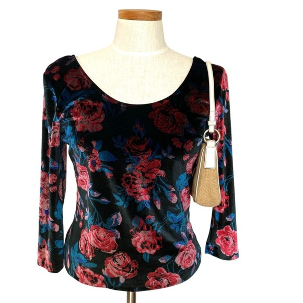 Whimsigoth Y2K Dark Floral Cropped Top Women L Black Red Romantic Coquette